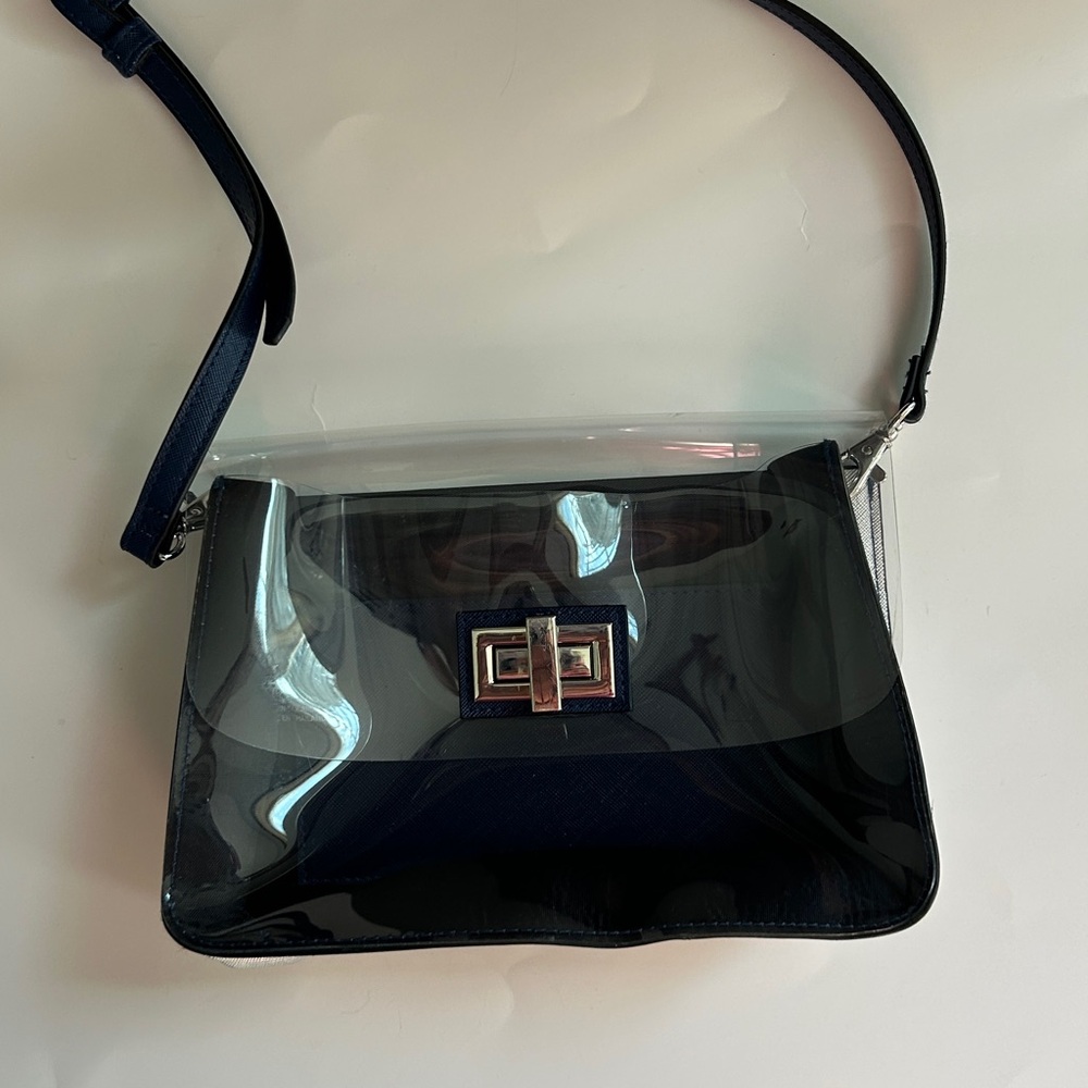 Tahari clear crossbody bag.  Blue/Silver with clear front and flap.